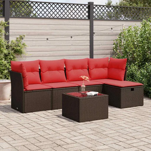 Conjunto de Sofás Jardim c/ Almofadões Vime PE Castanho (6 pcs)