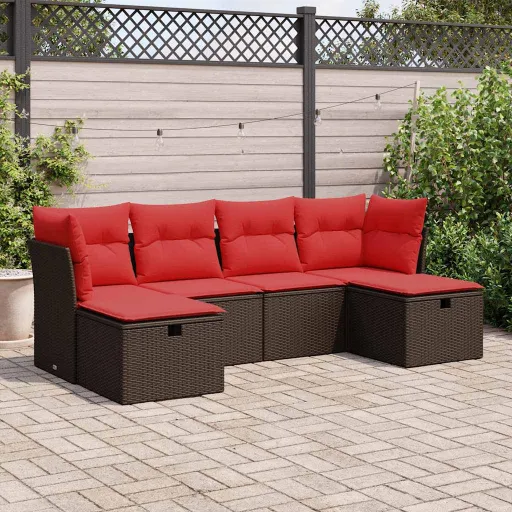 Conjunto de Sofás Jardim c/ Almofadões Vime PE Castanho (6 pcs)