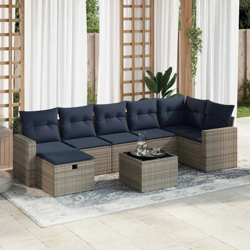 Conjunto Sofás de Jardim c/ Almofadões Vime PE Cinzento (8 pcs)