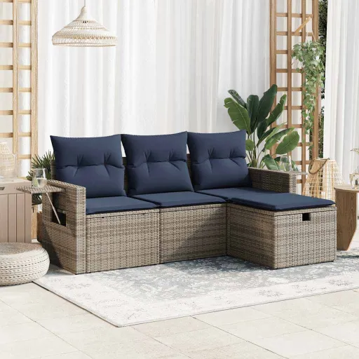 Conjunto Sofás de Jardim c/ Almofadões Vime PE Cinzento (4 pcs)