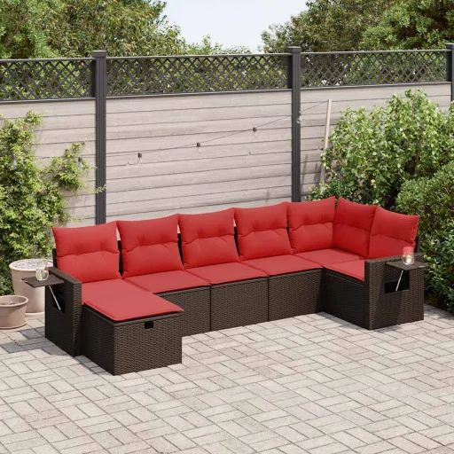 Conjunto de Sofás Jardim c/ Almofadões Vime PE Castanho (7 pcs)