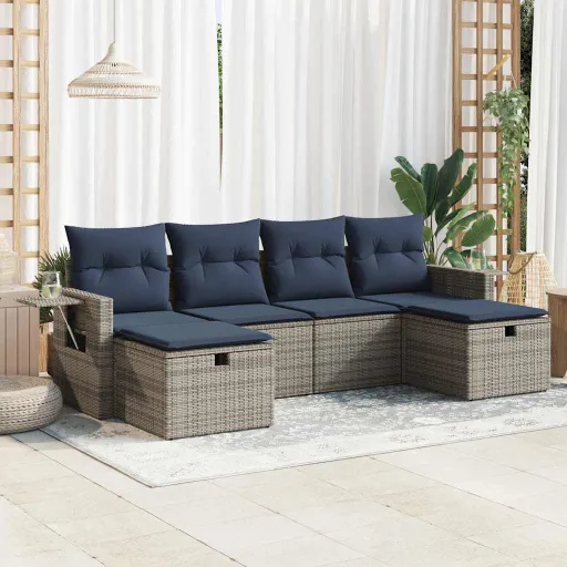 Conjunto Sofás de Jardim com Almofadões Vime Cinzento (6 pcs)