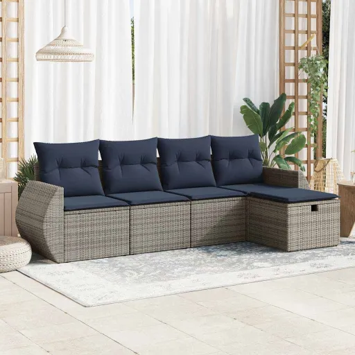 Conjunto Sofás de Jardim c/ Almofadões Vime PE Cinzento (5 pcs)