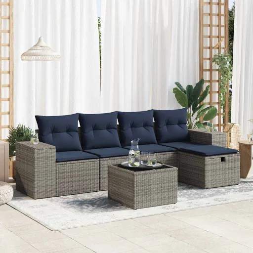 Conjunto Sofás de Jardim com Almofadões Vime Cinzento (6 pcs)