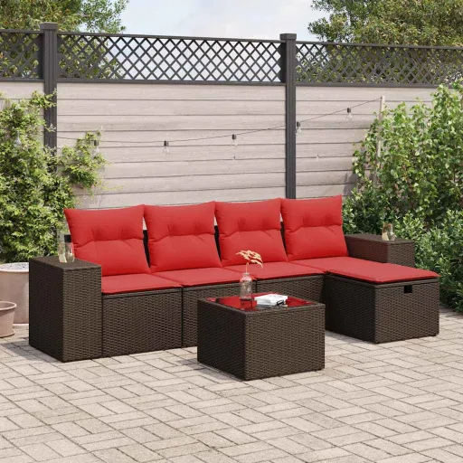 Conjunto de Sofás Jardim c/ Almofadões Vime PE Castanho (6 pcs)