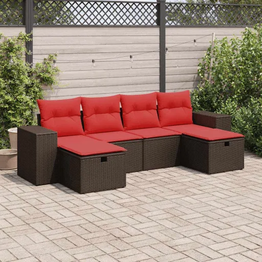 Conjunto de Sofás Jardim c/ Almofadões Vime PE Castanho (6 pcs)