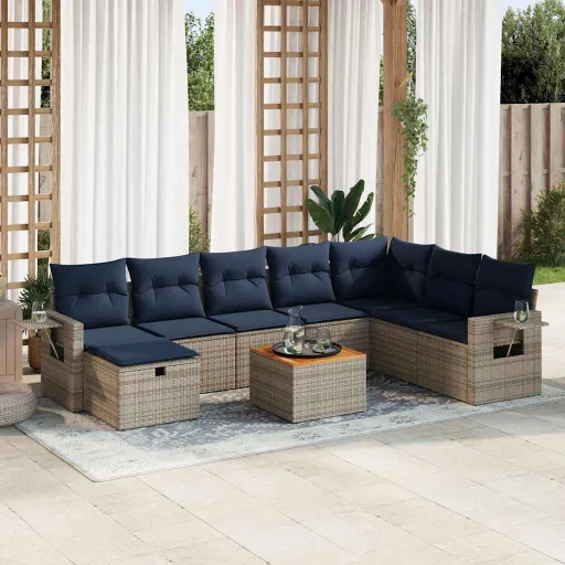 Conjunto Sofás p/ Jardim com Almofadões Vime PE Cinzento (9 pcs)