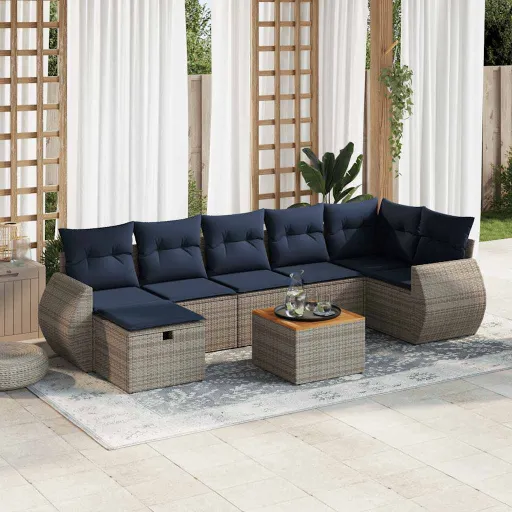 Conjunto Sofás de Jardim c/ Almofadões Vime PE Cinzento (8 pcs)