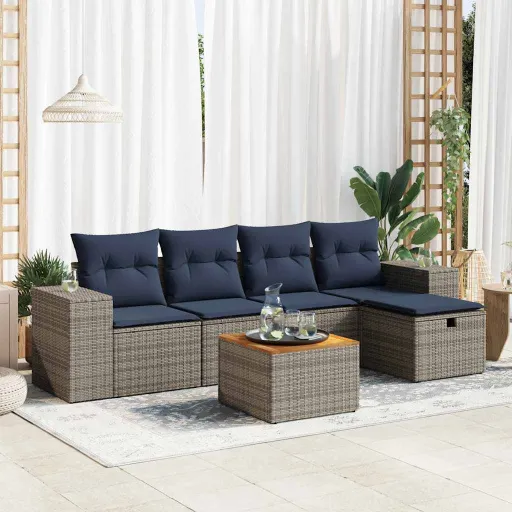 Conjunto Sofás de Jardim com Almofadões Vime Cinzento (6 pcs)
