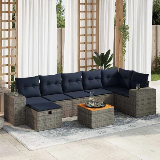 Conjunto Sofás de Jardim c/ Almofadões Vime PE Cinzento (8 pcs)
