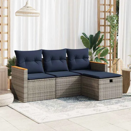 Conjunto Sofás de Jardim c/ Almofadões Vime PE Cinzento (4 pcs)