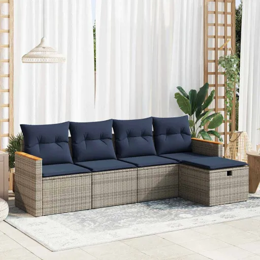 Conjunto Sofás de Jardim c/ Almofadões Vime PE Cinzento (5 pcs)