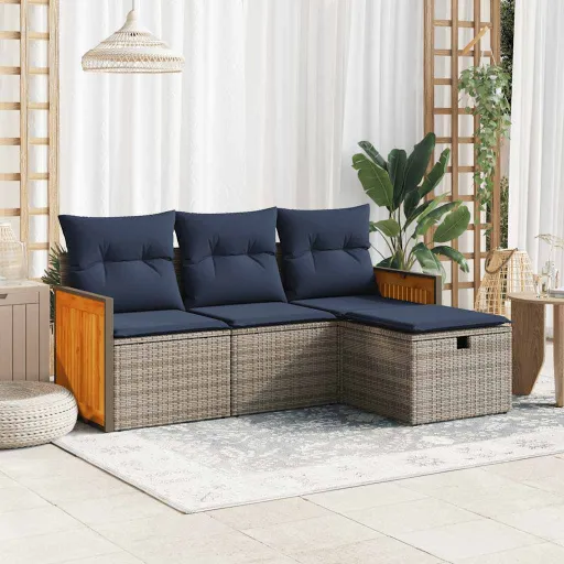 Conjunto Sofás de Jardim c/ Almofadões Vime PE Cinzento (4 pcs)