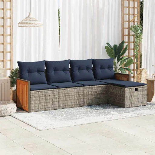 Conjunto Sofás de Jardim c/ Almofadões Vime PE Cinzento (5 pcs)