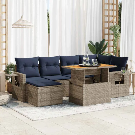 Conjunto Sofás p/ Jardim c/ Almofadões Vime PE Cinzento (7 pcs)