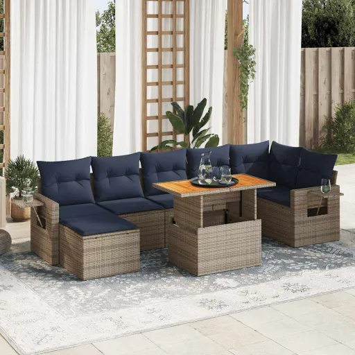 Conjunto Sofás de Jardim c/ Almofadões Vime PE Cinzento (8 pcs)