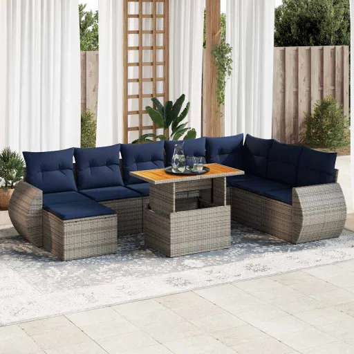Conjunto Sofás p/ Jardim com Almofadões Vime PE Cinzento (9 pcs)