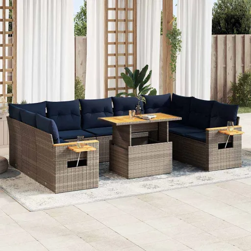 Conjunto Sofás Jardim Almofadões Vime PE/Acácia Cinzento (10 pcs)
