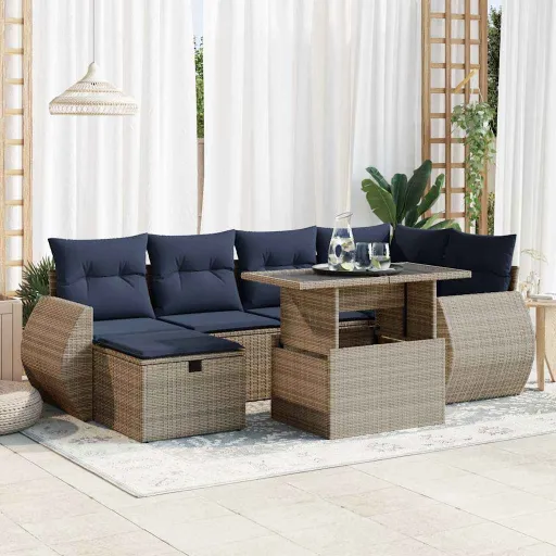 Conj. Sofás Jardim c/ Almofadões Vime PE/Acácia Cinzento (7 pcs)
