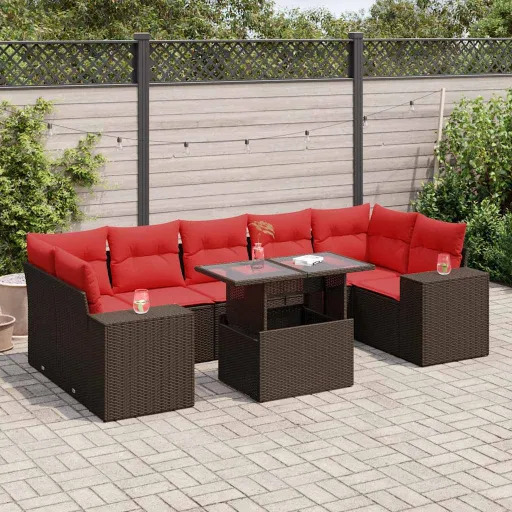 Conj. Sofás Jardim c/ Almofadões Vime PE/Acácia Castanho (8 pcs)