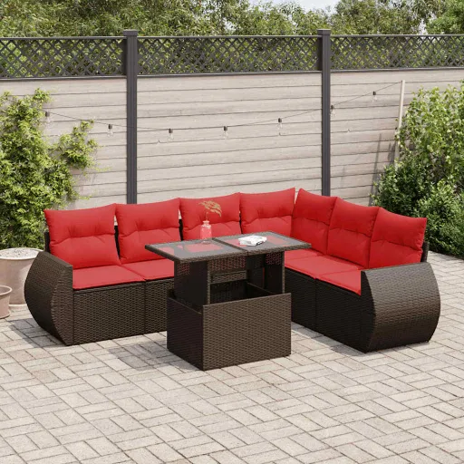 Conj. Sofás Jardim c/ Almofadões Vime PE/Acácia Castanho (7 pcs)
