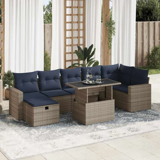Conj. Sofás Jardim c/ Almofadões Vime PE/Acácia Cinzento (8 pcs)