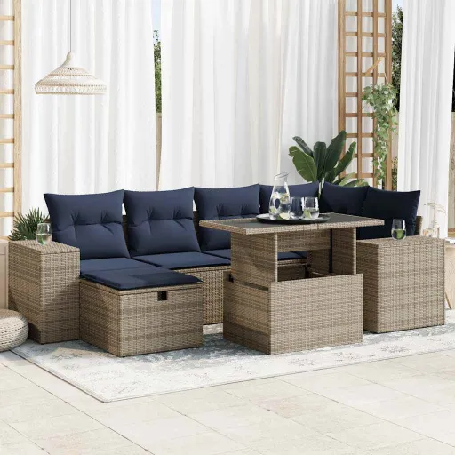 Conj. Sofás Jardim c/ Almofadões Vime PE/Acácia Castanho (7 pcs)