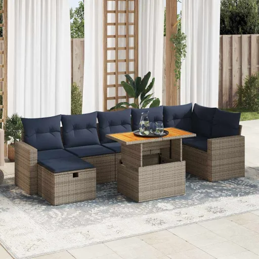 Conj. Sofás Jardim c/ Almofadões Vime PE/Acácia Castanho (8 pcs)