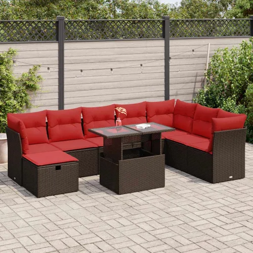 Conj. Sofás Jardim c/ Almofadões Vime PE/Acácia Castanho (9 pcs)