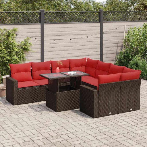 Conj. Sofás Jardim c/ Almofadões Vime PE/Acácia Castanho (9 pcs)