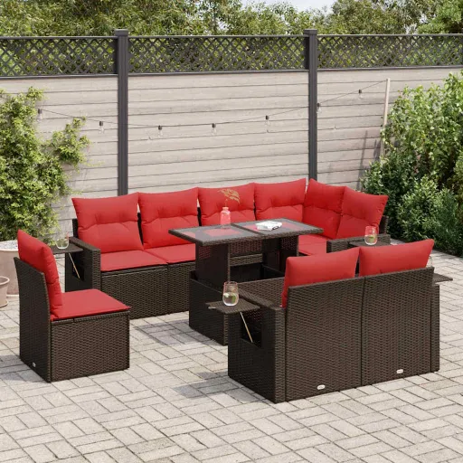 Conj. Sofás Jardim c/ Almofadões Vime PE/Acácia Castanho (9 pcs)