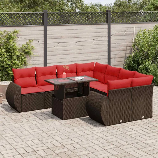 Conj. Sofás Jardim c/ Almofadões Vime PE/Acácia Castanho (9 pcs)