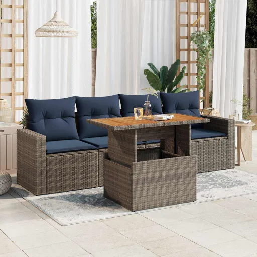 Conjunto Sofás de Jardim c/ Almofadões Vime PE Cinzento (5 pcs)