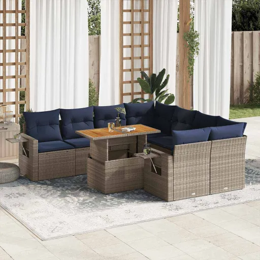 Conjunto Sofás p/ Jardim com Almofadões Vime PE Cinzento (9 pcs)