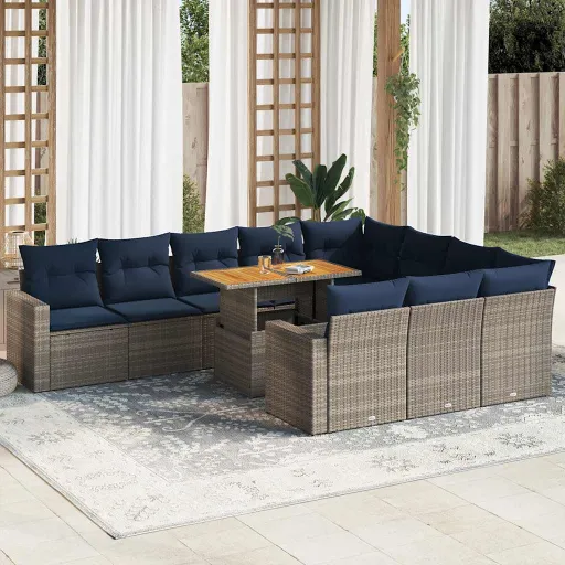 Conjunto Sofás de Jardim c/ Almofadões Vime PE Cinzento (11 pcs)