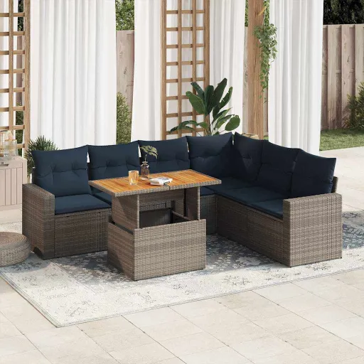 Conjunto Sofás p/ Jardim c/ Almofadões Vime PE Cinzento (7 pcs)