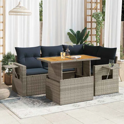 Conjunto Sofás de Jardim c/ Almofadões Vime PE Cinzento (5 pcs)