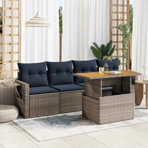 Conjunto Sofás de Jardim c/ Almofadões Vime PE Cinzento (5 pcs)