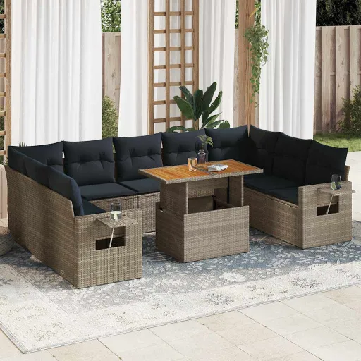 Conjunto Sofás de Jardim c/ Almofadões Vime PE Cinzento (10 pcs)