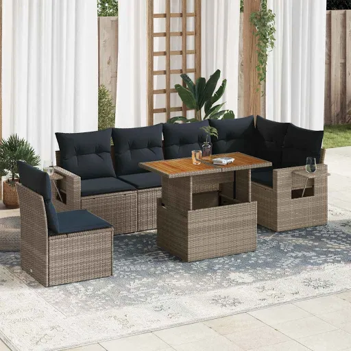 Conjunto Sofás p/ Jardim c/ Almofadões Vime PE Cinzento (7 pcs)