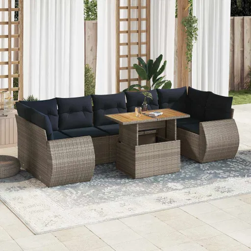 Conjunto Sofás de Jardim c/ Almofadões Vime PE Cinzento (8 pcs)