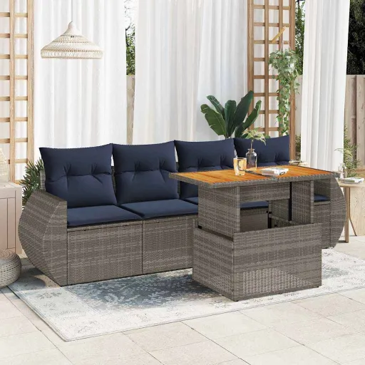 Conjunto Sofás de Jardim c/ Almofadões Vime PE Cinzento (5 pcs)