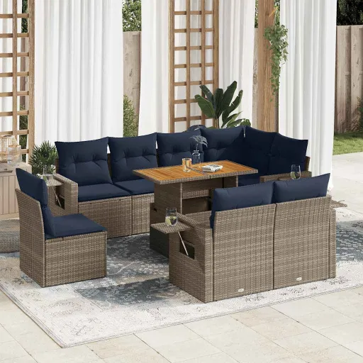 Conjunto Sofás p/ Jardim com Almofadões Vime PE Cinzento (9 pcs)
