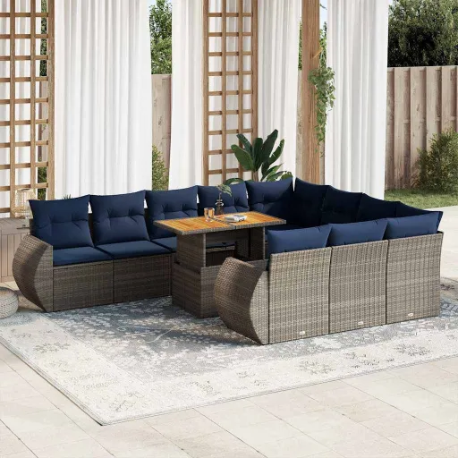 Conjunto Sofás de Jardim c/ Almofadões Vime PE Cinzento (11 pcs)