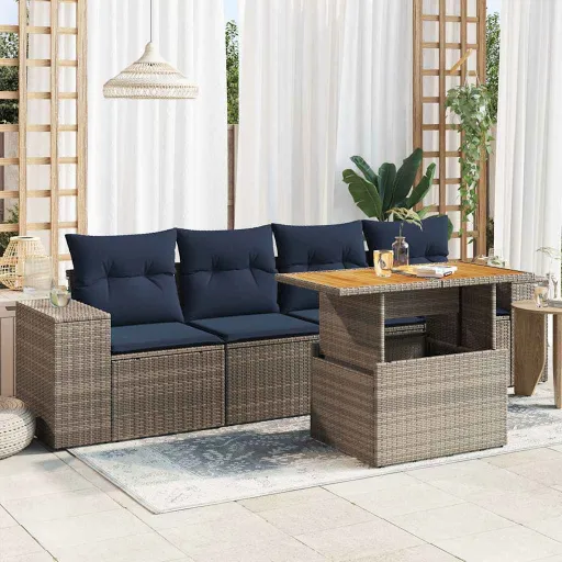 Conjunto Sofás de Jardim c/ Almofadões Vime PE Cinzento (5 pcs)