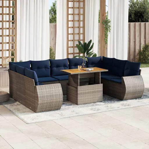 Conjunto Sofás de Jardim c/ Almofadões Vime PE Cinzento (10 pcs)