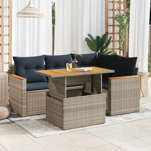 Conjunto Sofás de Jardim c/ Almofadões Vime PE Cinzento (5 pcs)