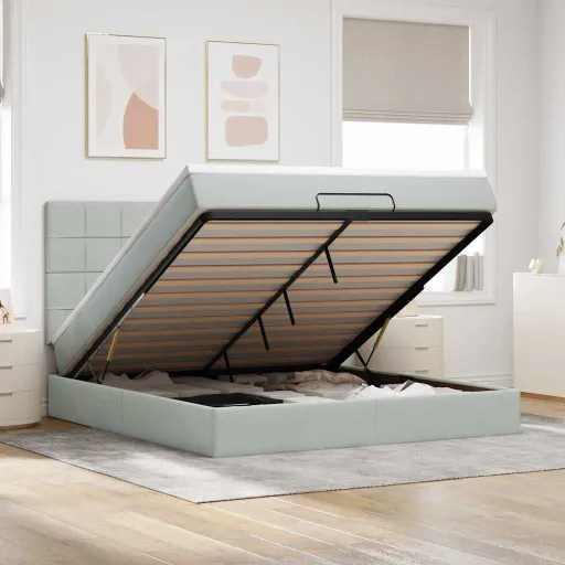 Estrutura Cama Otomana Colchões 160x200cm Veludo Cinzento Claro