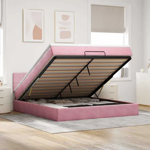 Estrutura de Cama Otomana com Colchão 180x200 cm Veludo Rosa