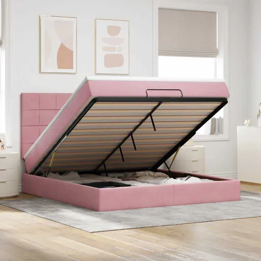 Estrutura de Cama Otomana com Colchões 180x200 cm Veludo Rosa